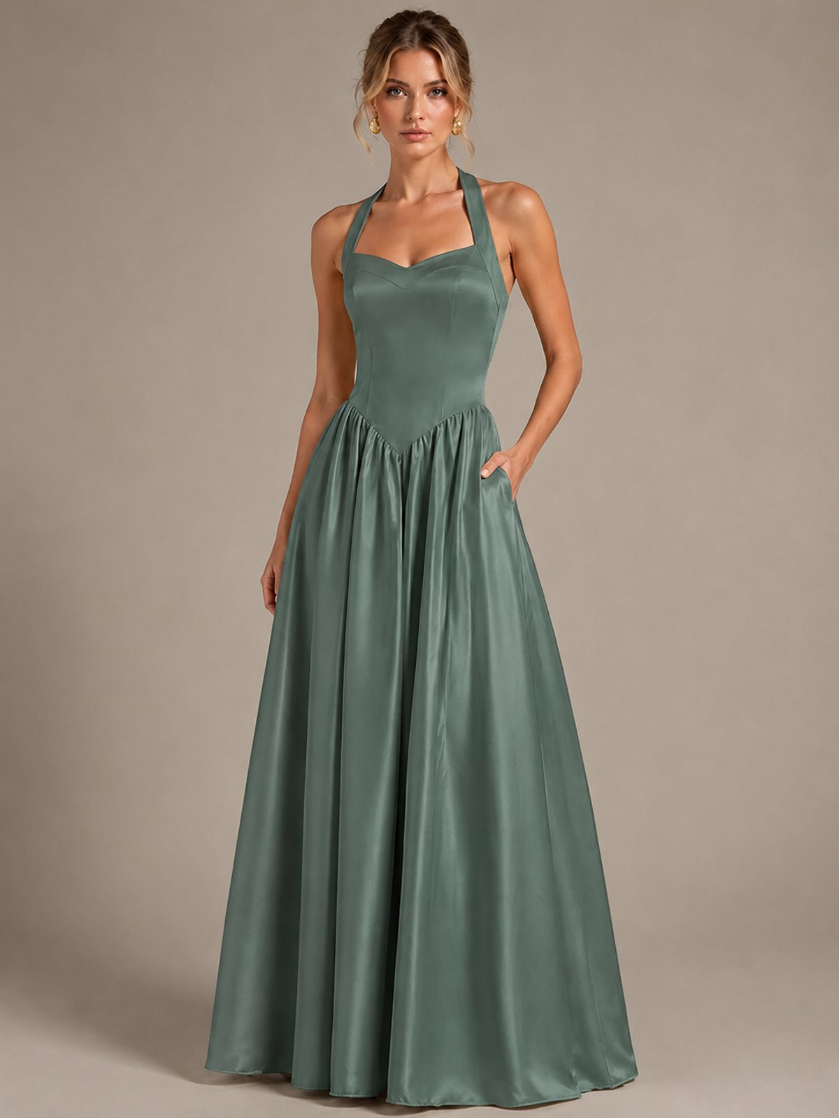 Light Yellow Halter Neck Satin A-Line Maxi Dress with Pockets