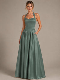 Light Yellow Halter Neck Satin A-Line Maxi Dress with Pockets