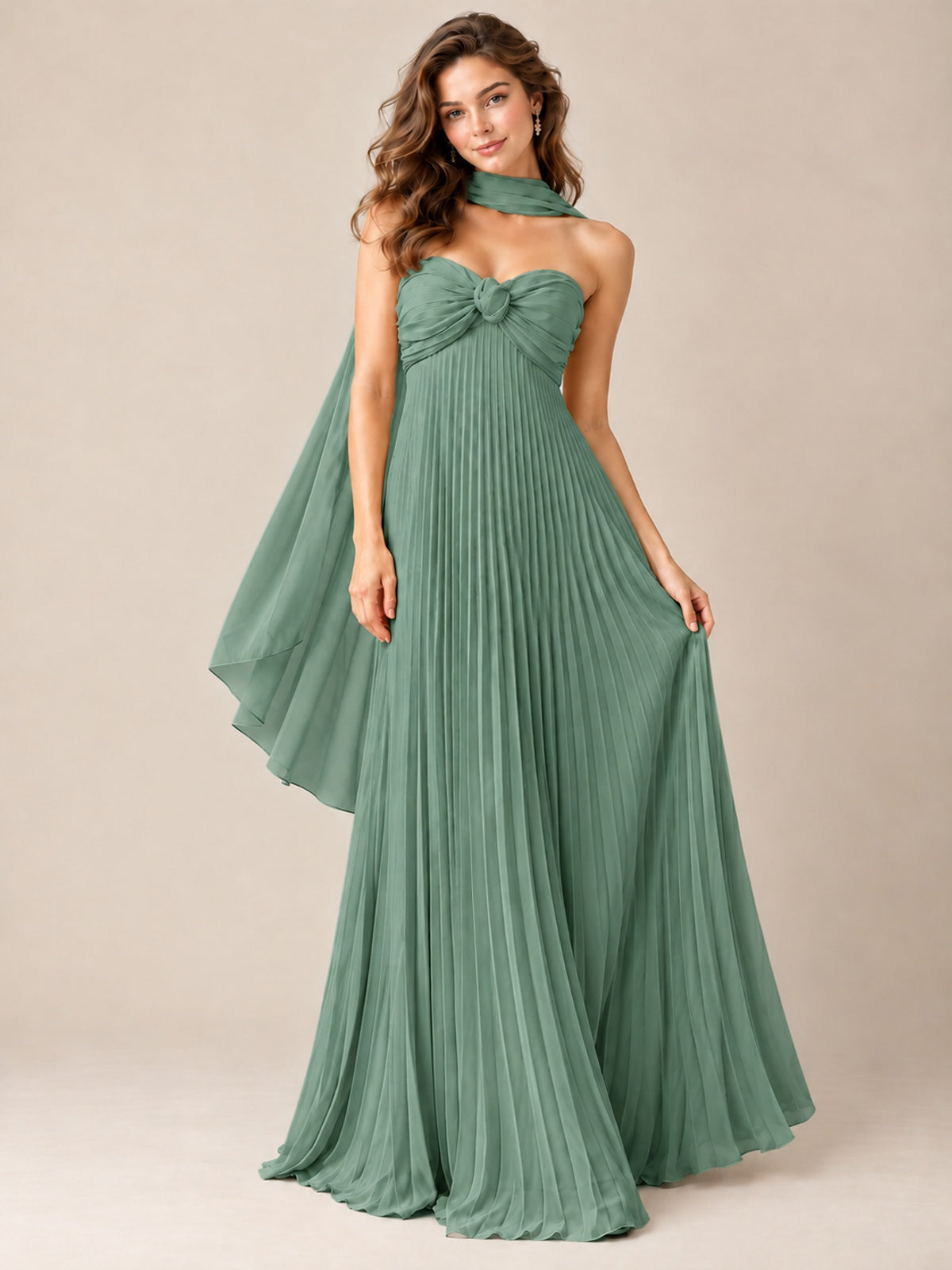 Sweetheart Neckline Pleated Prom Dress Strapless A-line Formal Dress with Flowy Scarf