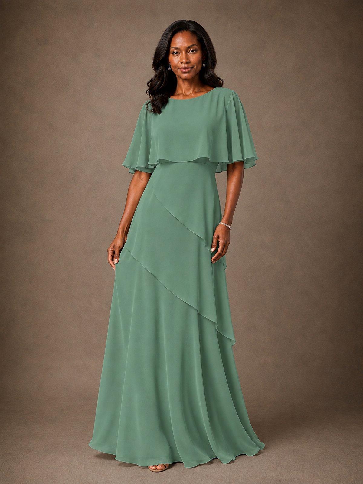Taupe Chiffon A-Line Mother of the Bride Dress with Cape Sleeves
