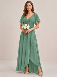 Dusty Blue Chiffon Bridesmaid Dress with Flutter Sleeves & High-Low Hem
