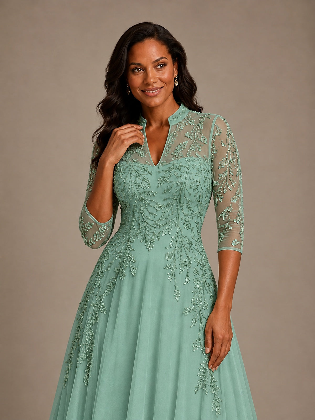 Embellished Appliques Mother of the Bride Dress with 3/4 Sleeves