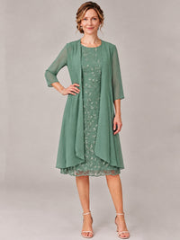 Tea Length Sequin Lace Mother of The Bride Dress with Chiffon Jacket