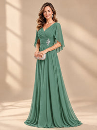 Ruched V Neck Mother of The Bride Dresses with Shawls Appliques and Cap Sleeves