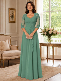 Chiffon Lace Applique Mother of the Bride Dress with 3/4 Sleeves
