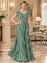 Pleated Chiffon Lace Mother of The Bride Dresses with Beading Cap Sleeves