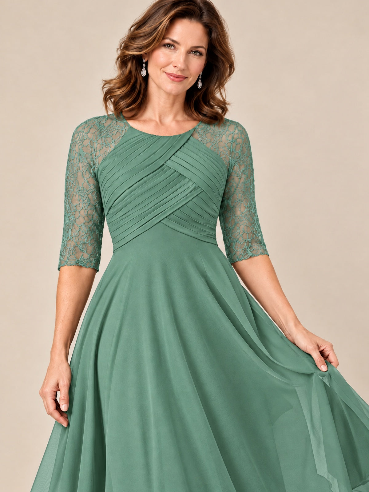 Tea-Length Mother of the Bride Dress with Lace 3/4 Sleeves