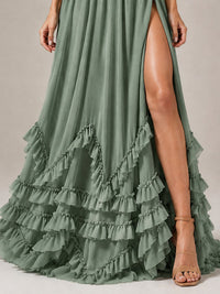 Halter V Neck Chiffon Formal Dress with Lace-Up Back and Ruffle Hem