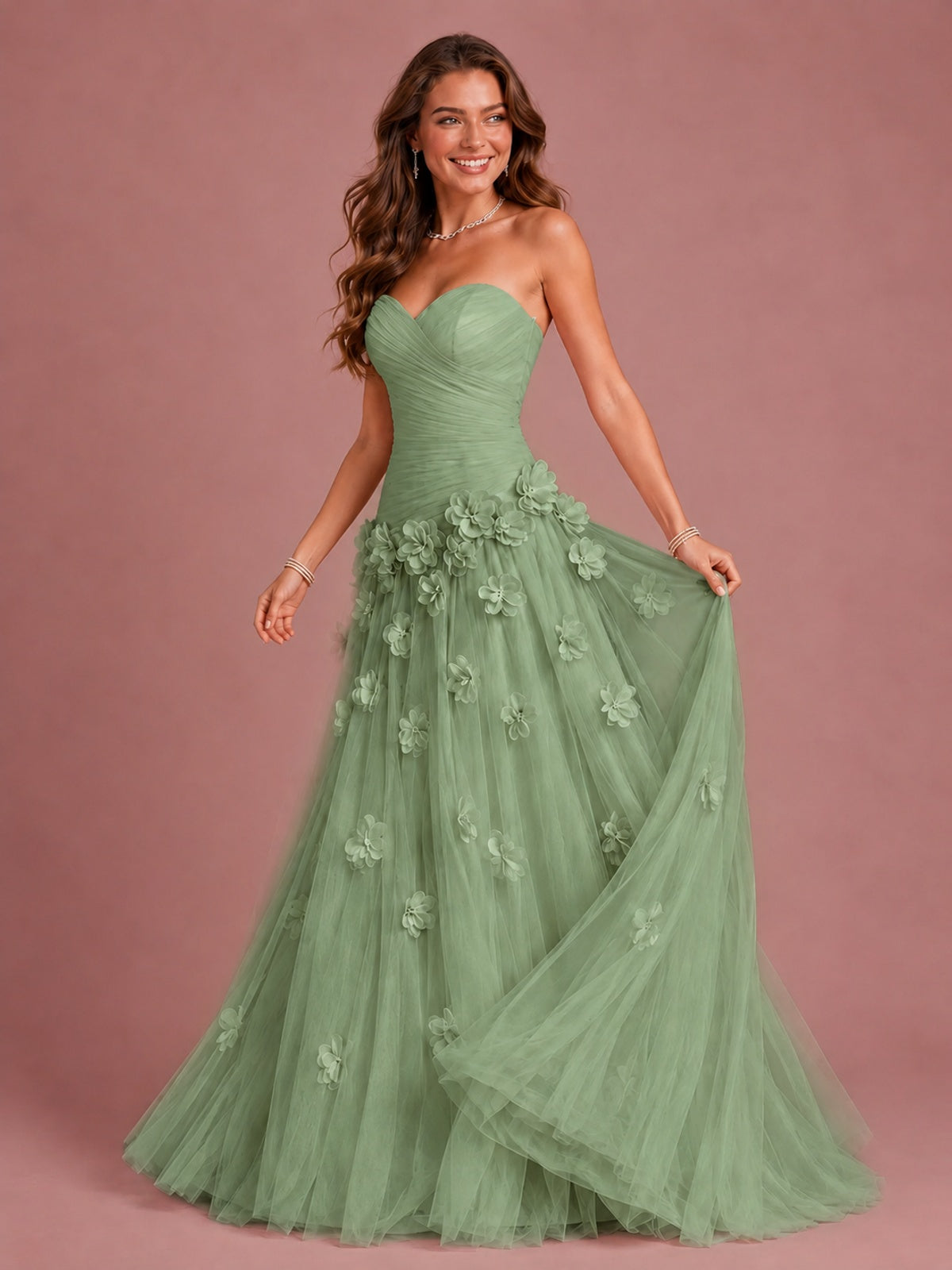 Blush Pink Strapless Sweetheart 3D Floral Tulle Ball Gown Prom Dres