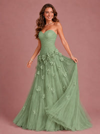 Blush Pink Strapless Sweetheart 3D Floral Tulle Ball Gown Prom Dres