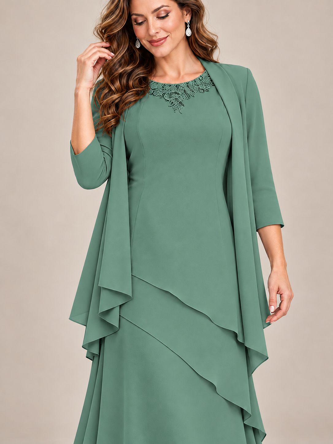 Dusty Blue Two-Piece Chiffon Mother of the Bride Dress with Jacket