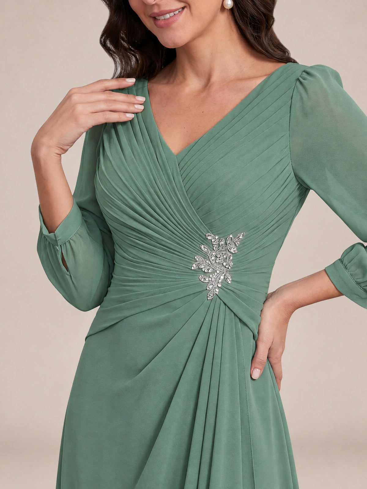V-Neck Pleated Chiffon Mother of the Bride Dress with Flutter Sleeves