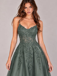 Lace Applique Satin A-Line Prom Dress with Sheer Bodice