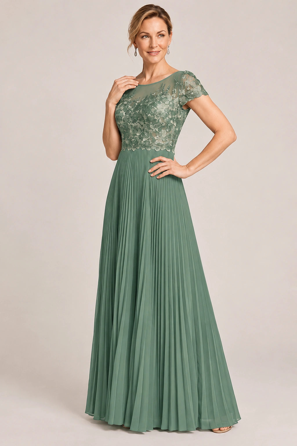 Embroidered Lace Pleated Mother of the Bride Dress