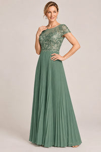 Embroidered Lace Pleated Mother of the Bride Dress