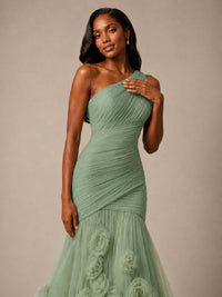 Blush Pink One Shoulder 3D Floral Mermaid Prom Dress
