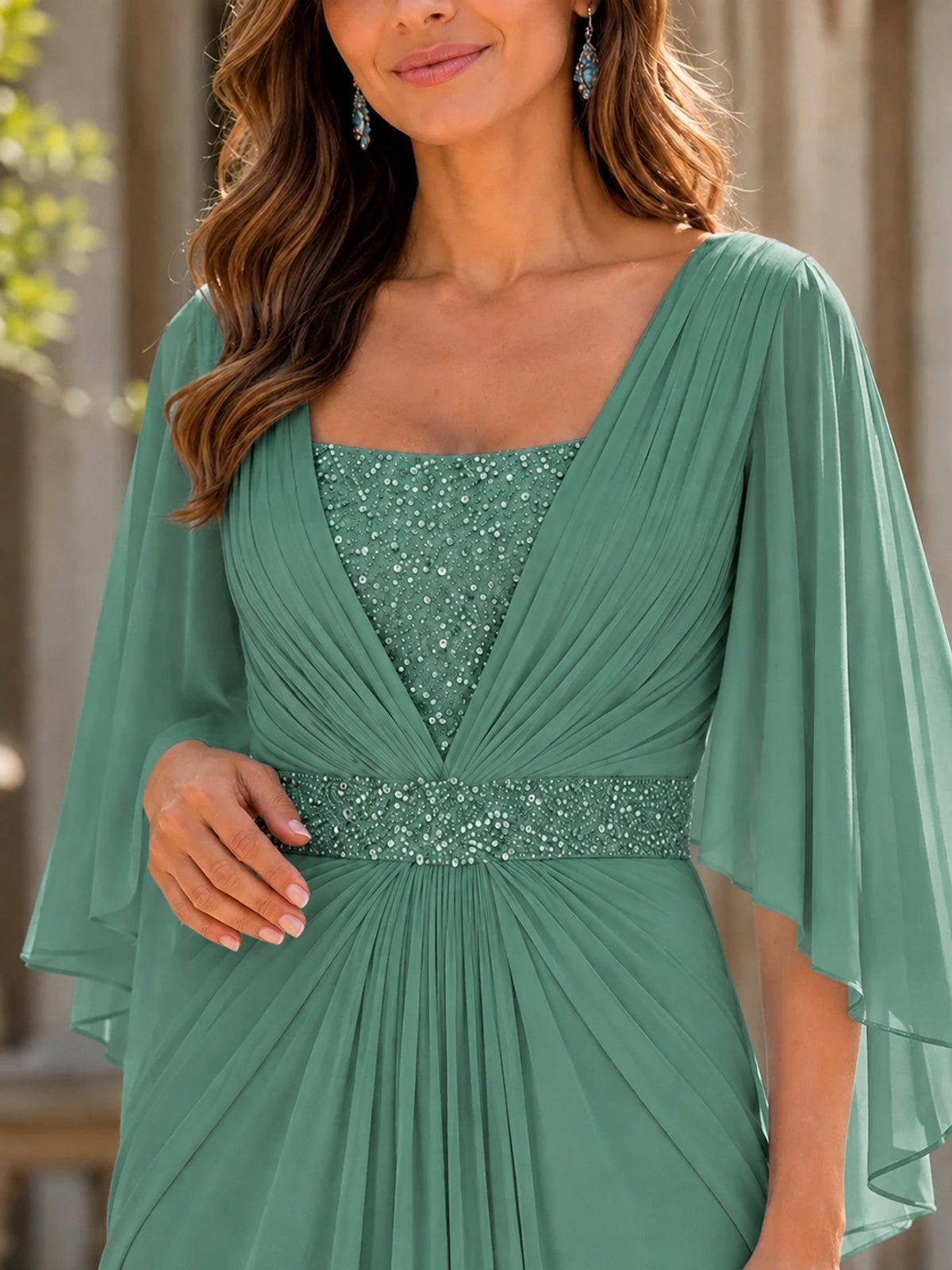 Elegant V-Neck Sequined Chiffon Mother of the Bride Dress with Flutter Sleeves
