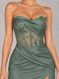 Strapless Satin Prom Dress with Sheer Lace Corset & High Slit
