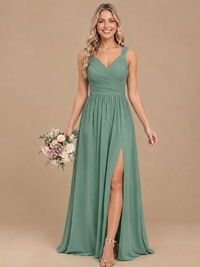 Pleated Chiffon V Neck Wedding Bridesmaid Dresses Floor Length with Slit