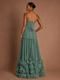 Strapless Pleated Floral Satin Formal Dress with Side Slit