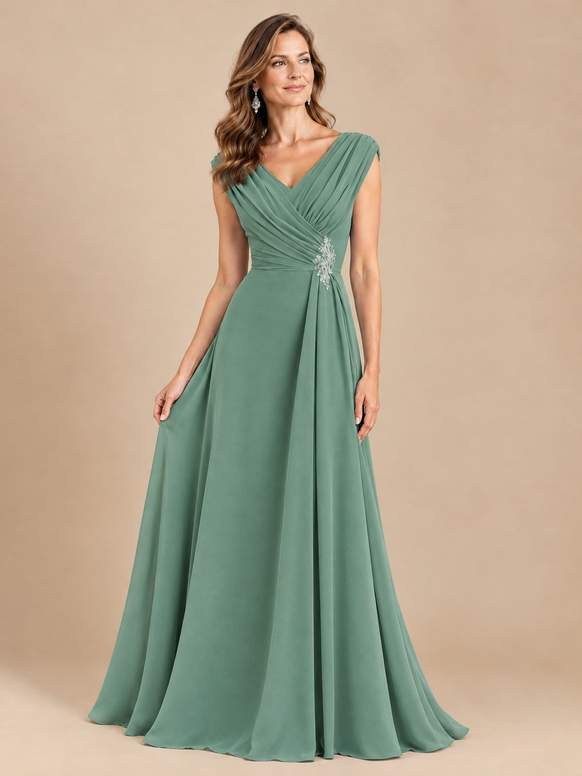 V Neck Pleated Mother of The Bride Dresses with Beading Cap Sleeves