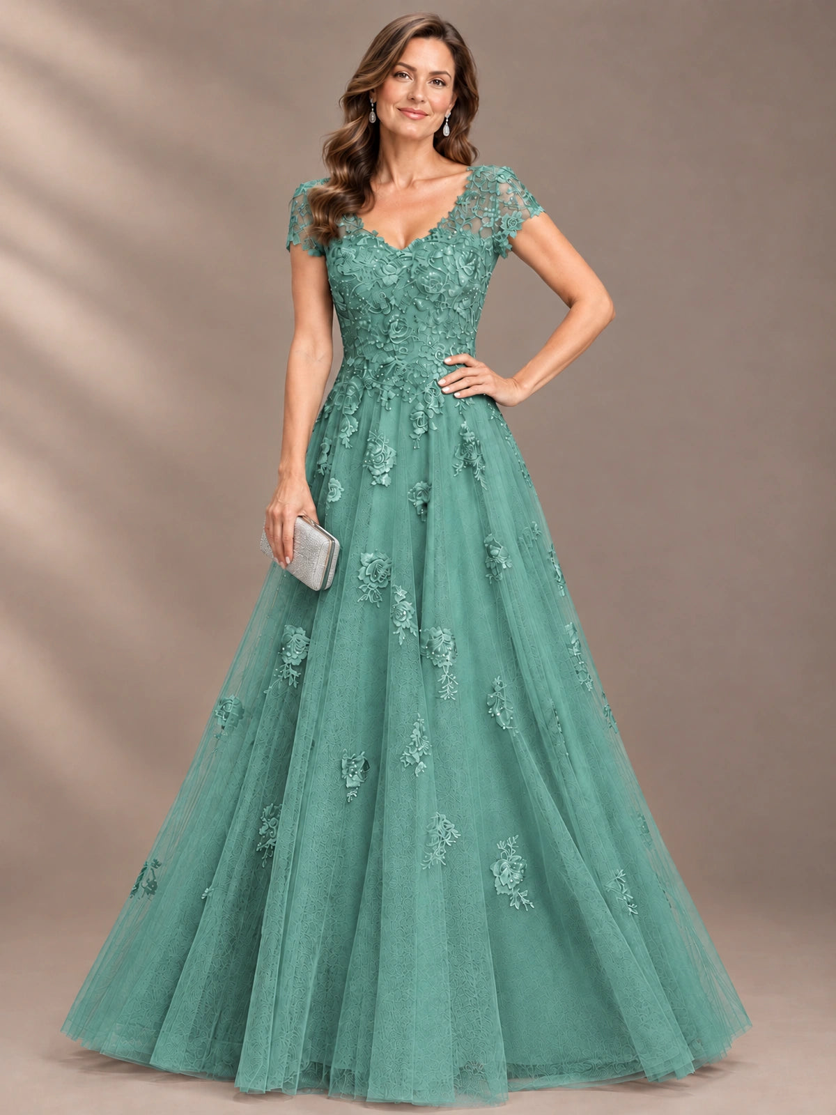 Lace Appliques A-line Mother of The Bride Dresses with Short Sleeves