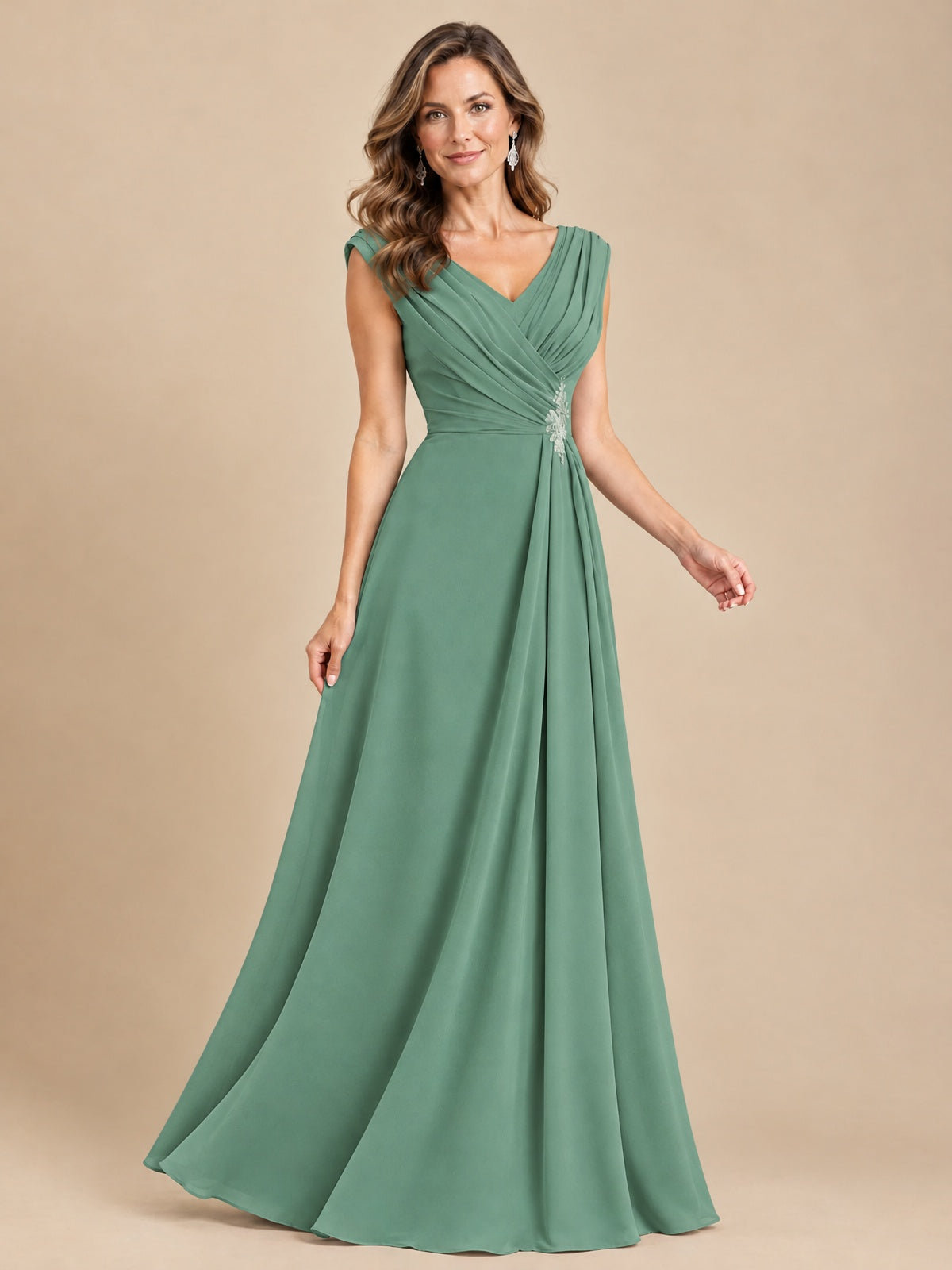 V Neck Pleated Mother of The Bride Dresses with Beading Cap Sleeves