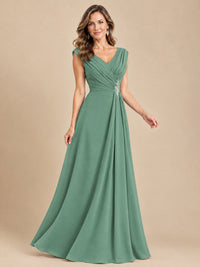 V Neck Pleated Mother of The Bride Dresses with Beading Cap Sleeves