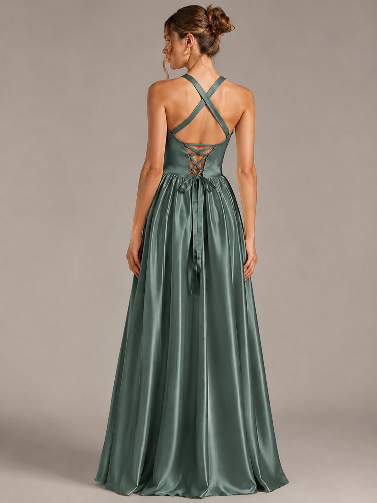 Light Yellow Halter Neck Satin A-Line Maxi Dress with Pockets