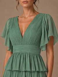 Chiffon V-Neck Tiered Ruffle Bridesmaid Dress with Slit