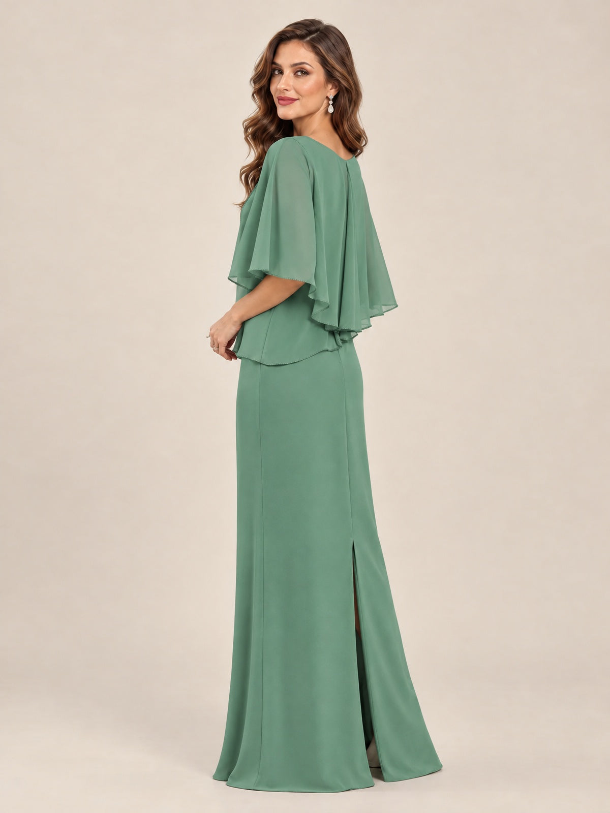 Cape Sleeve Mother of the Bride Dress with Asymmetrical Overlay
