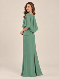 Cape Sleeve Mother of the Bride Dress with Asymmetrical Overlay