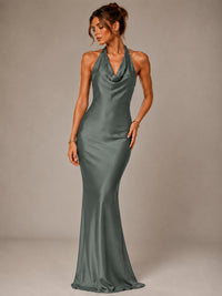 Olive Green Halter Satin Mermaid Maxi Dress