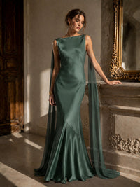Burgundy Satin Mermaid Cape Maxi Dress