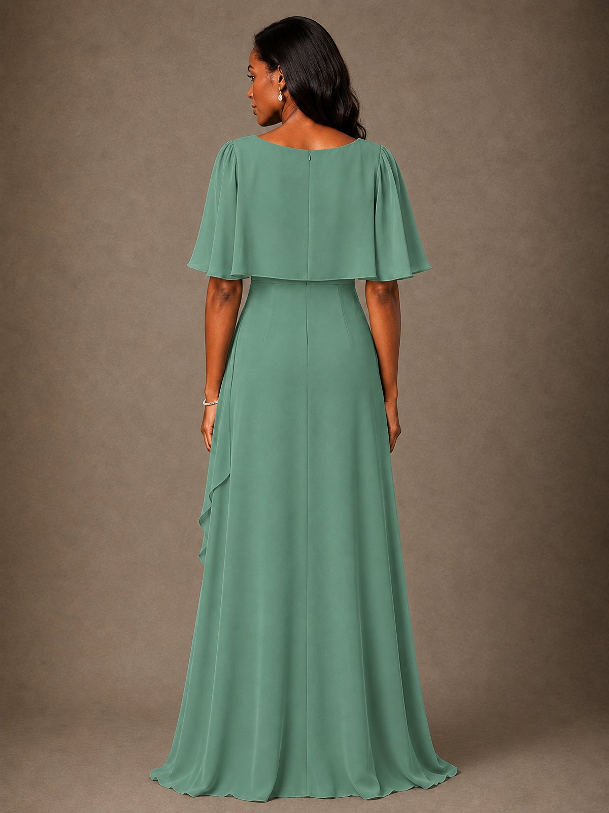 Taupe Chiffon A-Line Mother of the Bride Dress with Cape Sleeves