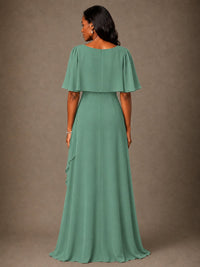 Taupe Chiffon A-Line Mother of the Bride Dress with Cape Sleeves