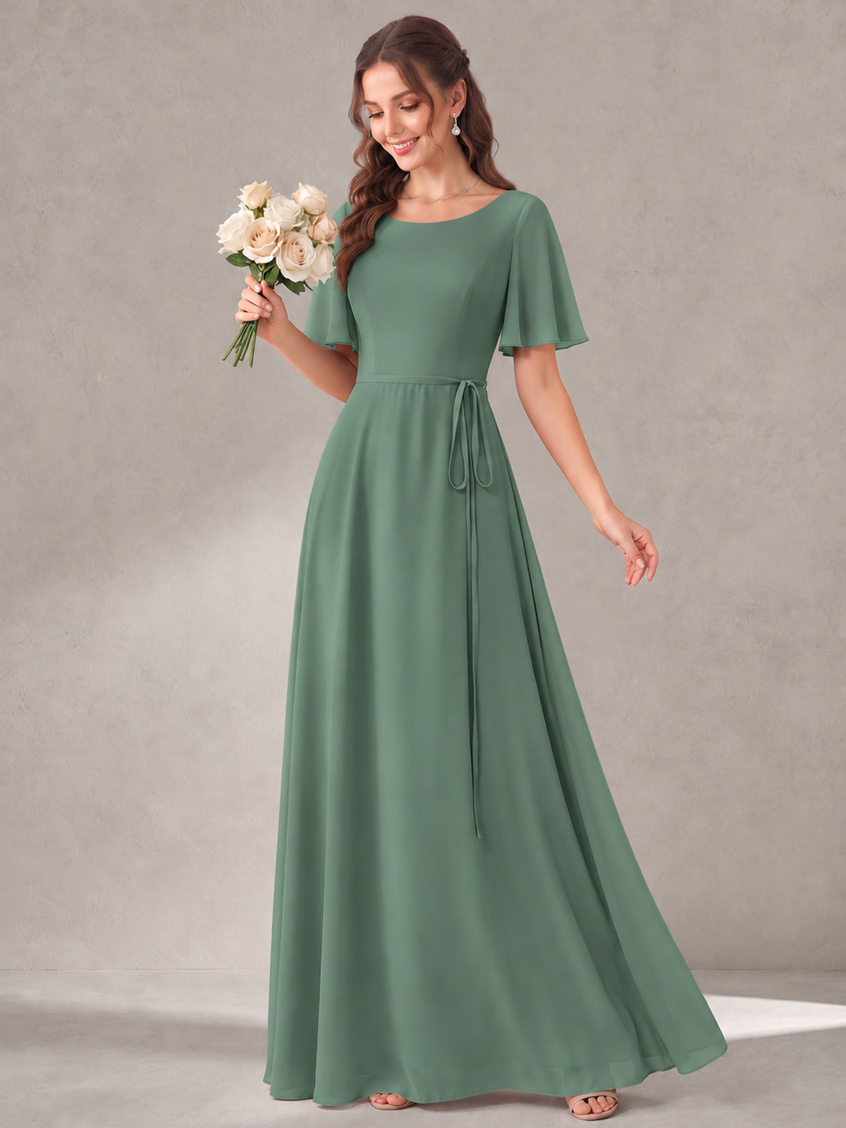 Scoop Neck A-line Chiffon Bridesmaid Dress with Flutter Sleeve & Belt