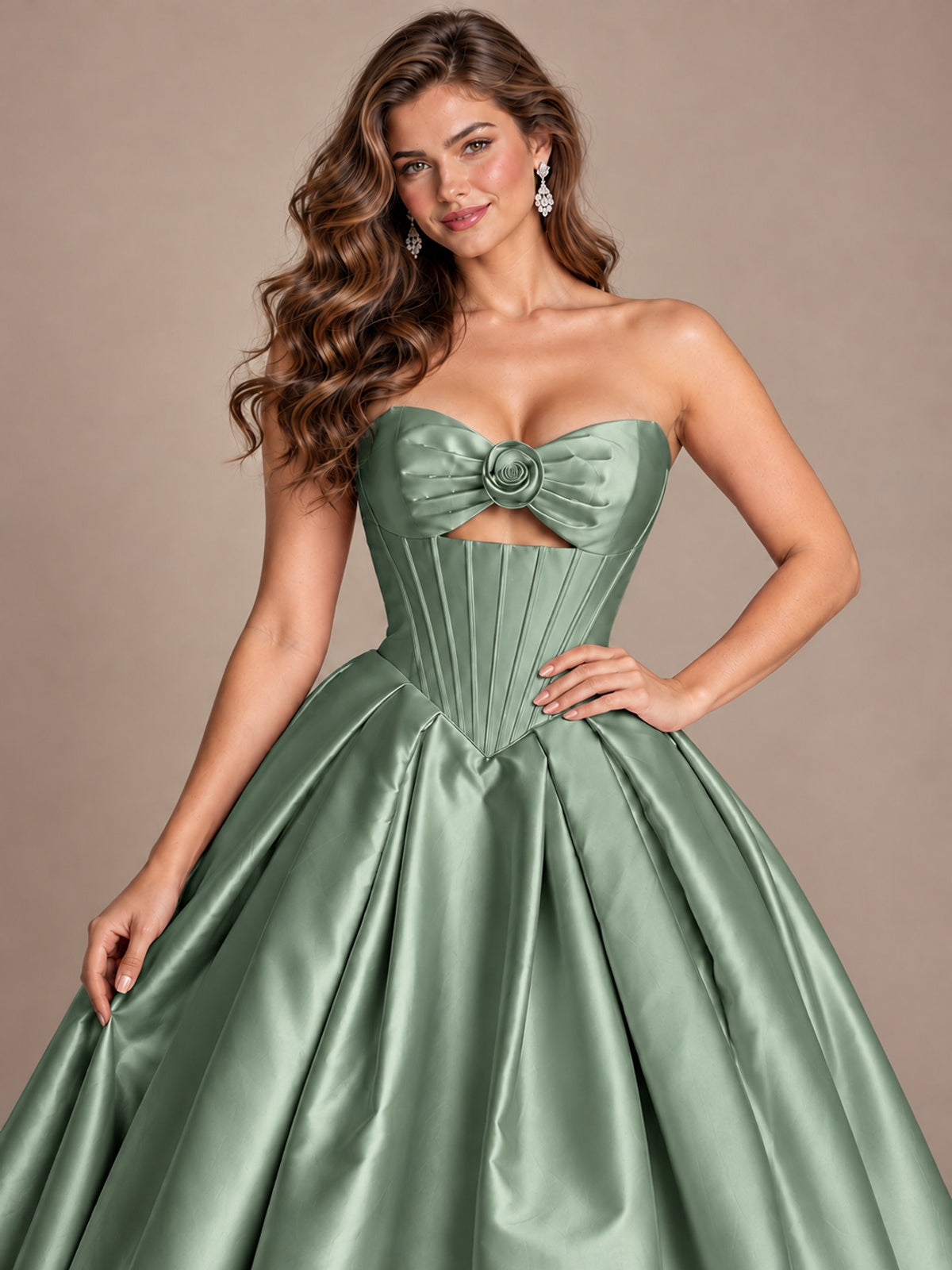 Pink Strapless Corset Satin Prom Derss & Ball Gown with 3D Floral