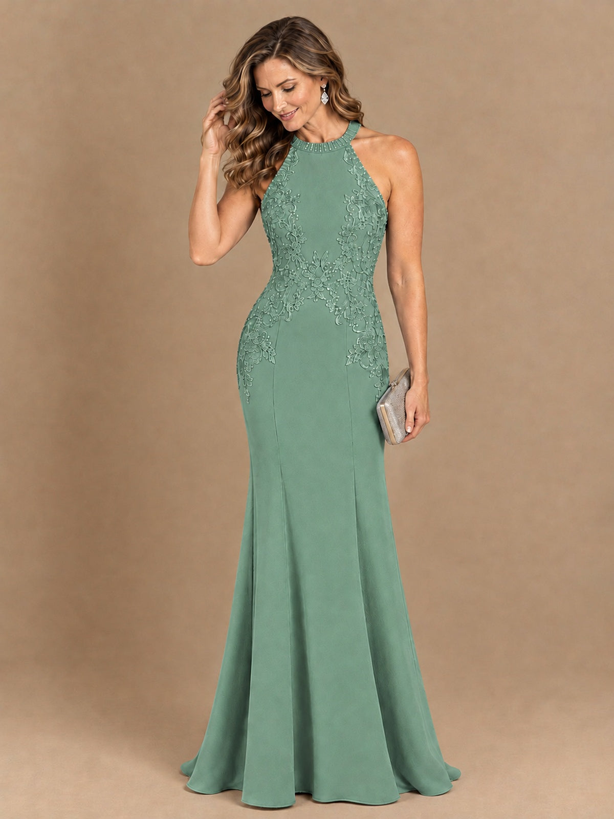 Halter Neckline Lace Appliques Mother of The Bride Dresses