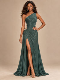 Burgundy One Shoulder Ruched Prom Dress with High Slit & Beaded Waist