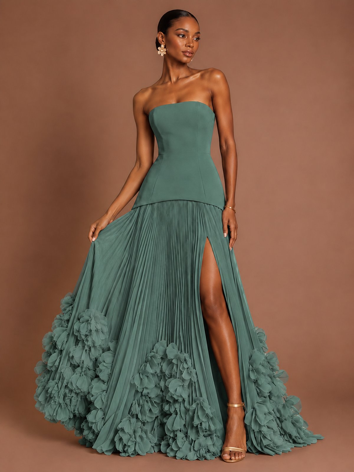Strapless Pleated Floral Satin Formal Dress with Side Slit
