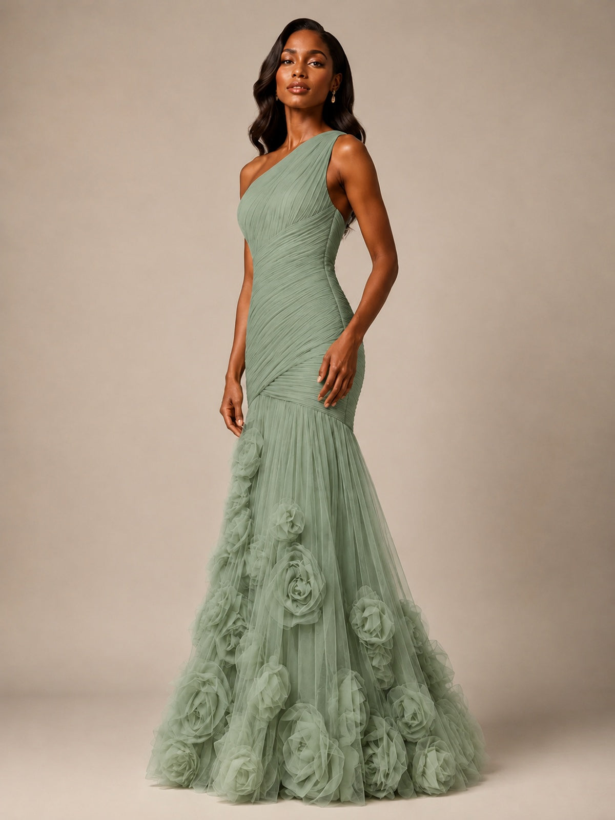 Blush Pink One Shoulder 3D Floral Mermaid Prom Dress