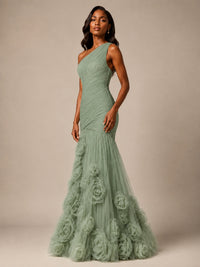 Blush Pink One Shoulder 3D Floral Mermaid Prom Dress