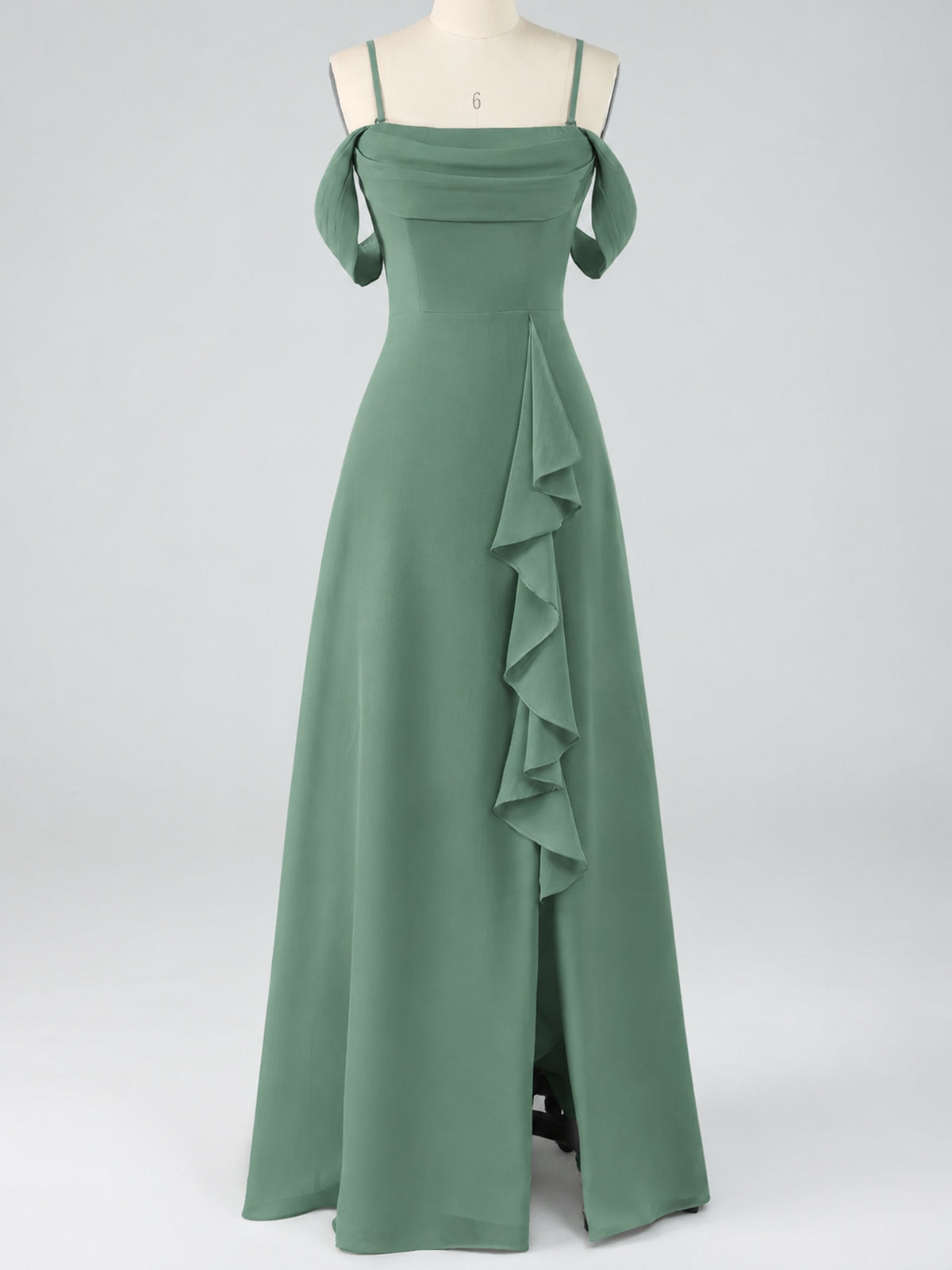 Spaghetti Strap Chiffon Bridesmaid Dress with Ruffles Slit