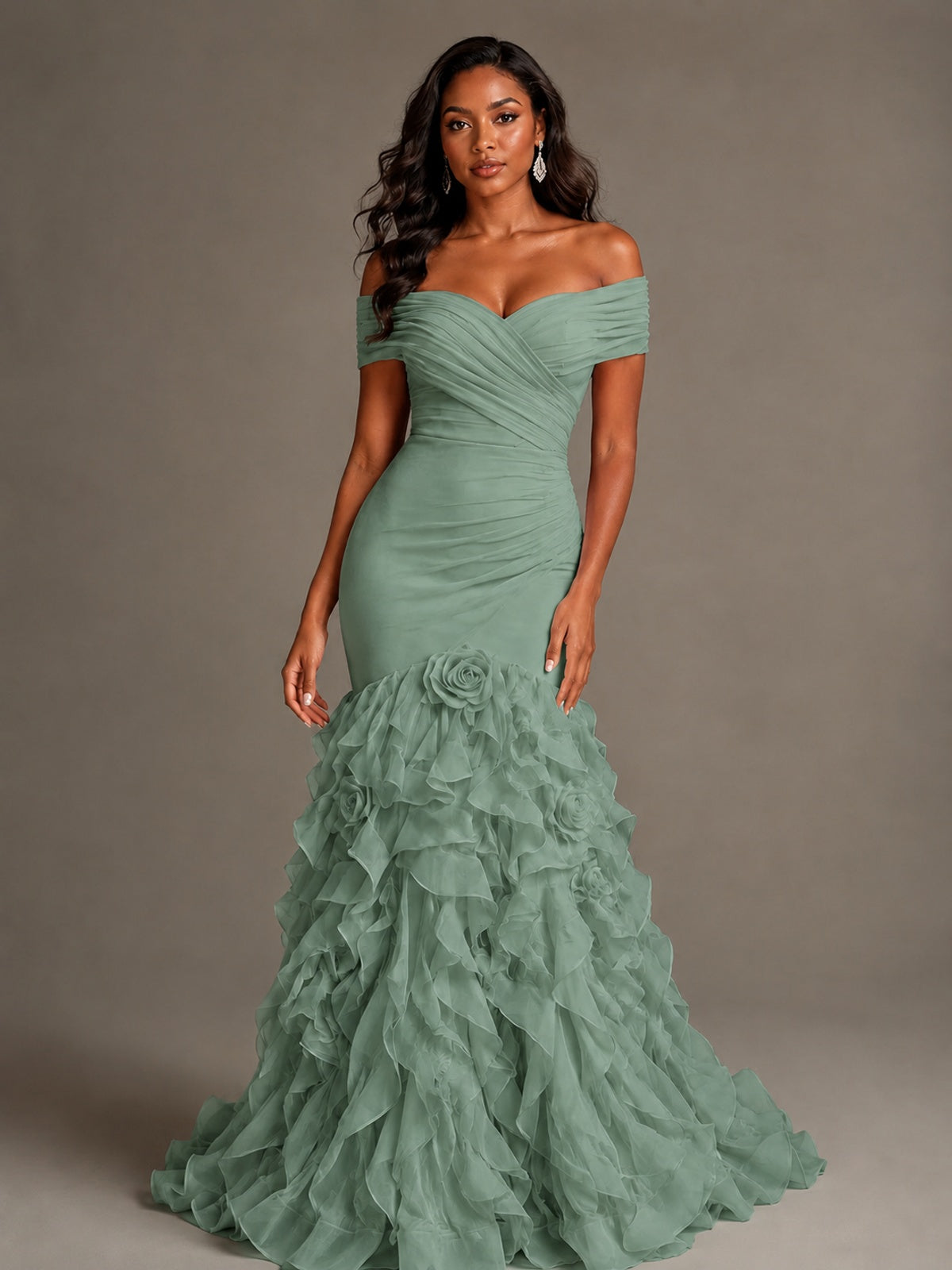 Pink Off-the-Shoulder Mermaid Prom Dress with Ruffles 3D Flowers