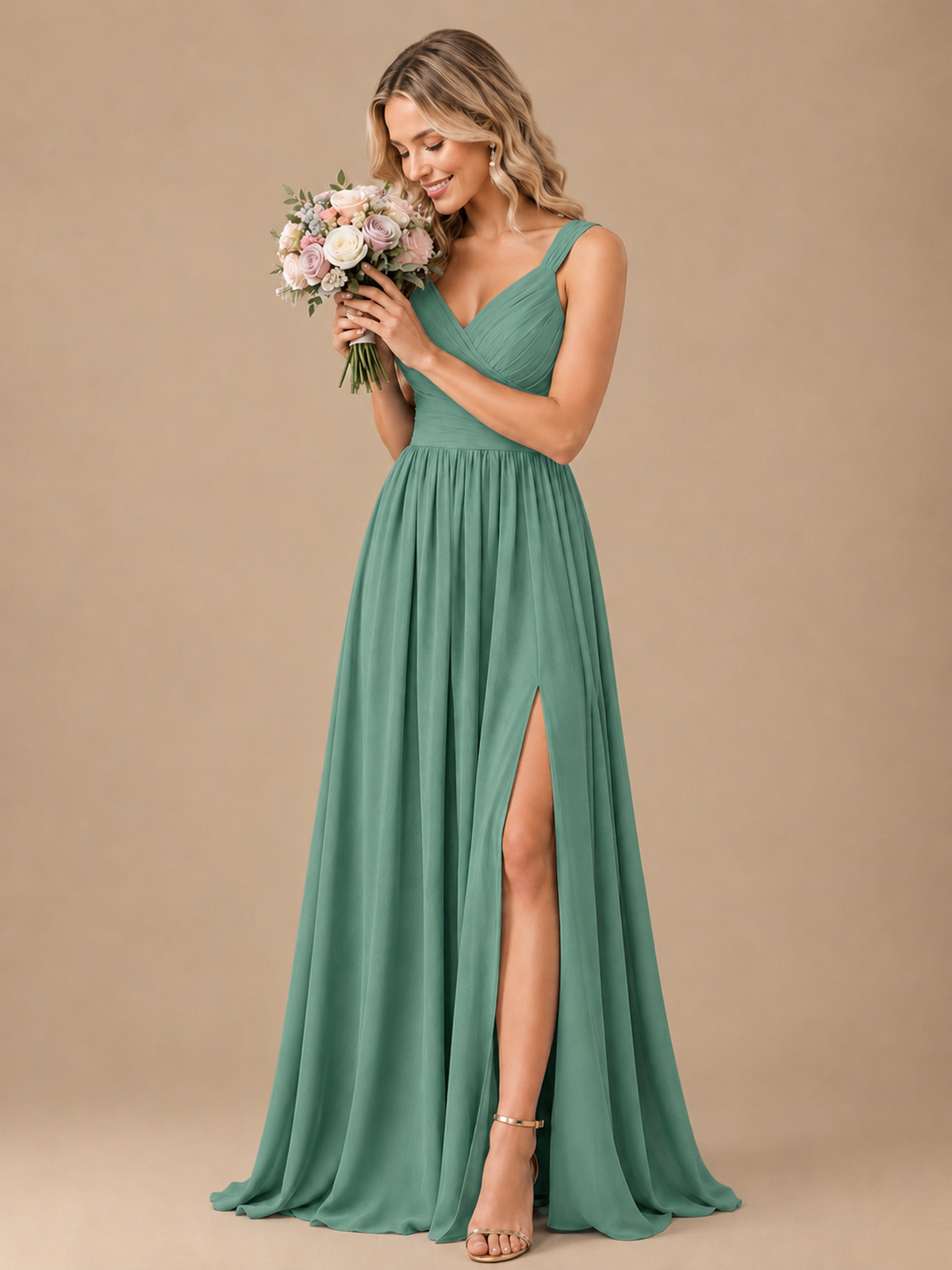 Pleated Chiffon V Neck Wedding Bridesmaid Dresses Floor Length with Slit