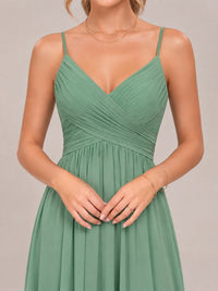 V-Neck Pleated Chiffon Long Bridesmaid Dress with Slit