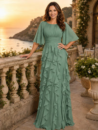 Elegant Chiffon Mother of the Bride Dress with Flutter Sleeves and Ruffle Skirt