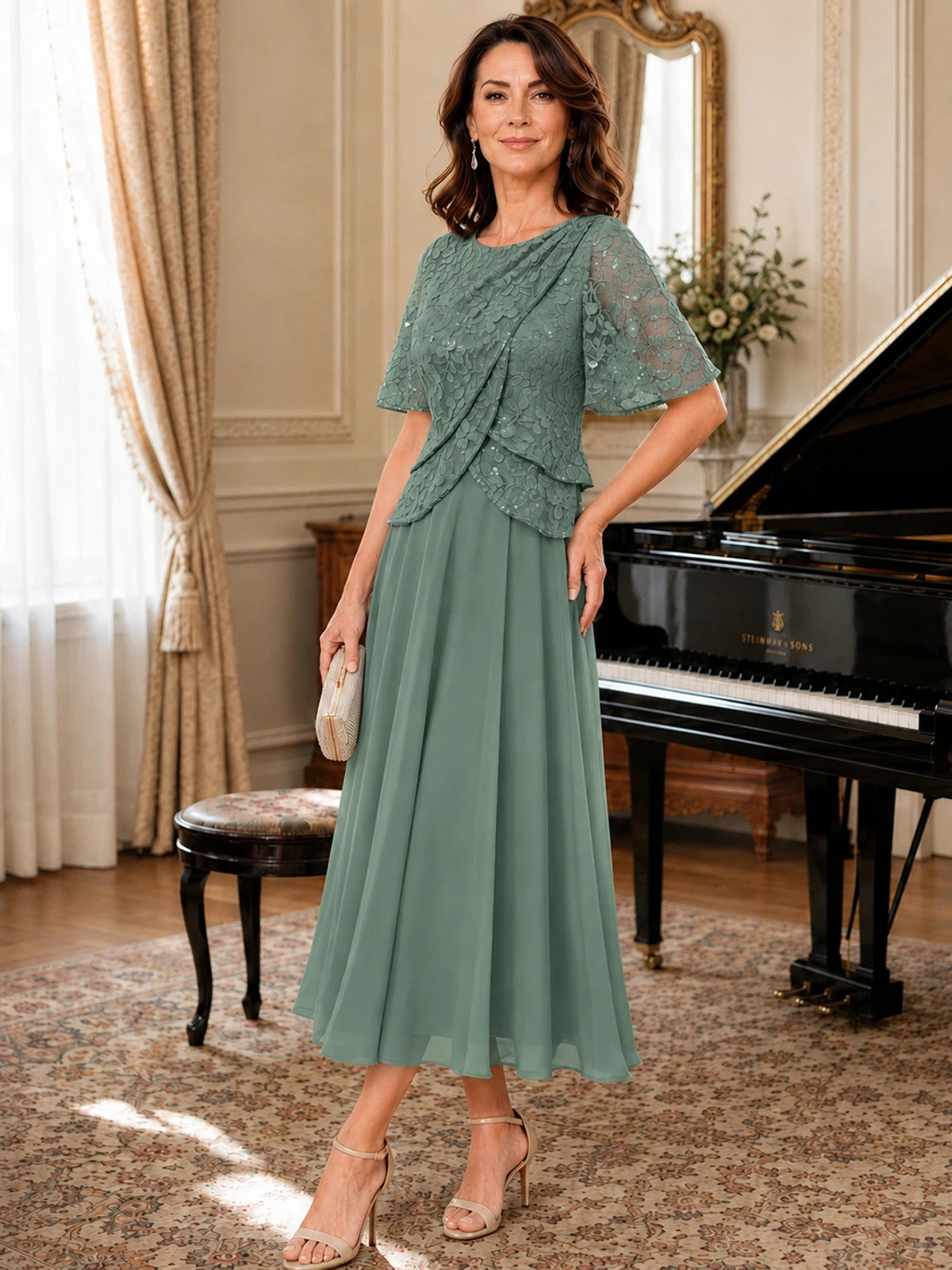 Tea-Length Chiffon Mother of the Bride Dress with Sequin Lace Sleeves