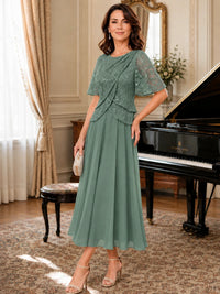 Tea-Length Chiffon Mother of the Bride Dress with Sequin Lace Sleeves